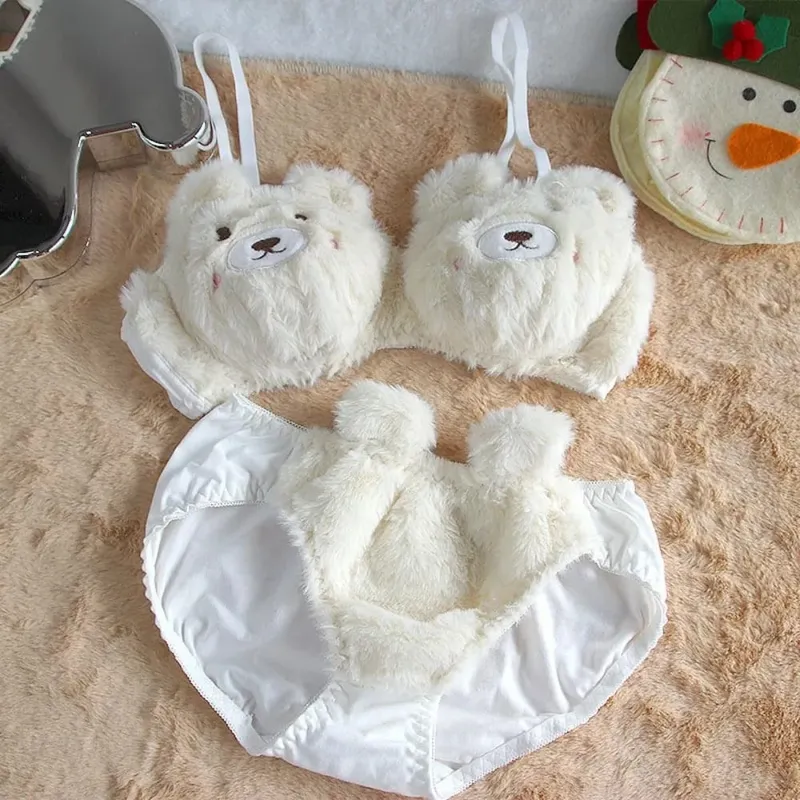 Cute Women Lingerie Set With Steel Ring Cartoon Bear Winter Bra & Brief Sets Soft Girl Warm Underwear Panties Suit Girl