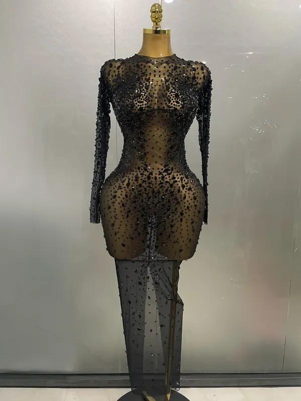 Sexy Shinny Rhinestone Stretch Mesh Transparent Long Dress 2025New Women Evening Birthday Party Prom Nightclub Singer Stage Wear