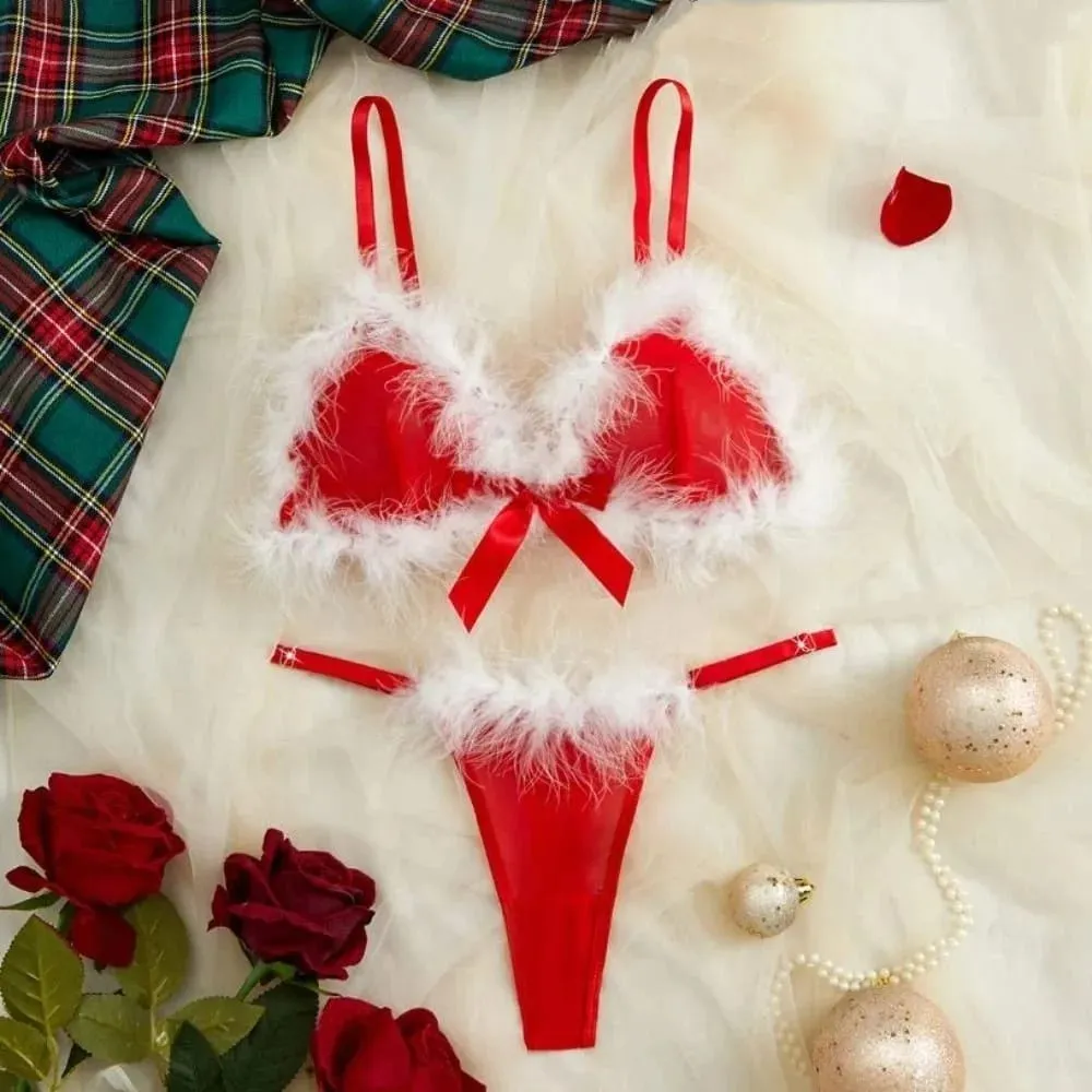 Sweet Furry Women's Underwear Wireless Bow Decor Lingerie Set Mesh Transparent Romantic Intimate Bra Panties Suit Christmas — image 4