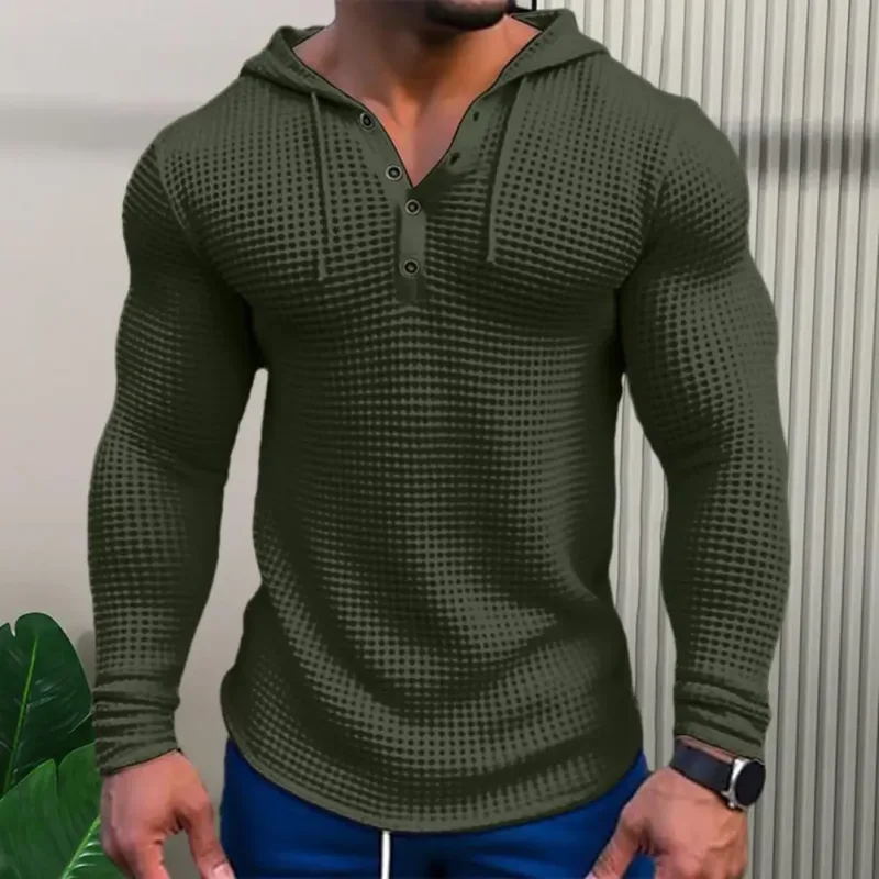 Våren Enfärgad Slim Fit Långärmad T-shirt Herr Huva Andas Sport Topp Våffel Bomull Casual Långärmad Skjorta — image 2
