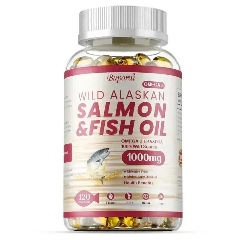 Óleo de peixe salmão - rico em EPA + DHA apoia a saúde das articulações, do cérebro e dos olhos, melhora a função imunológica e é antioxidante