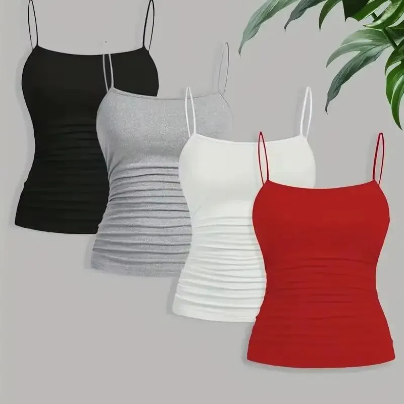 Women Elegant Thin Strap Ruched Cami Top Slim Fit Sleeveless Camisole Soft Stretch Basic Tank Vest Summer Fashion Underwear Blac — image 10