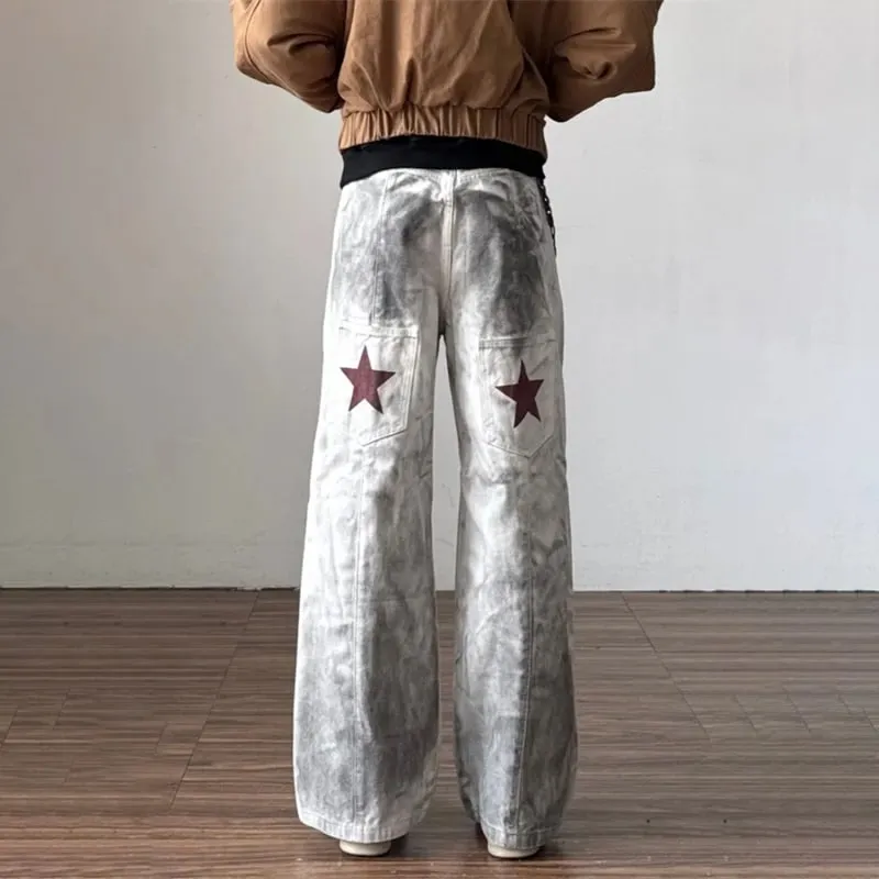 2026 New Retro Graffiti Printed White Baggy Jeans For Men High Street Straight Wide Leg Denim Pants Hip Hop Graphic Y2K Jean