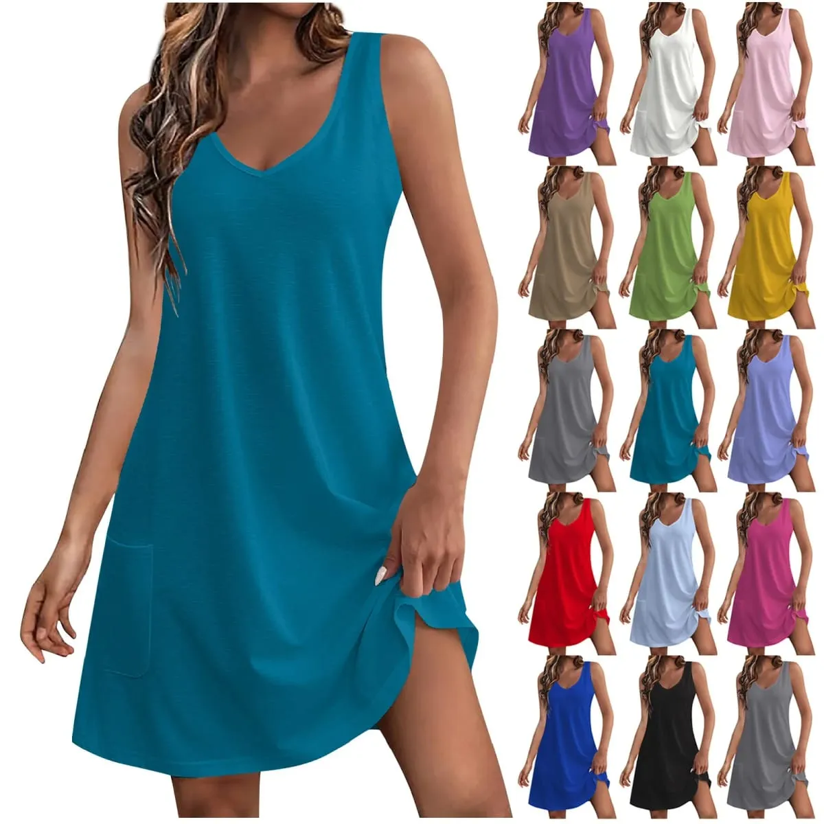 2024 verão feminino colete vestido de algodão com decote em v sem mangas sólido midi vestido costura grandes vestidos de balanço solto vestidos de verão — image 3