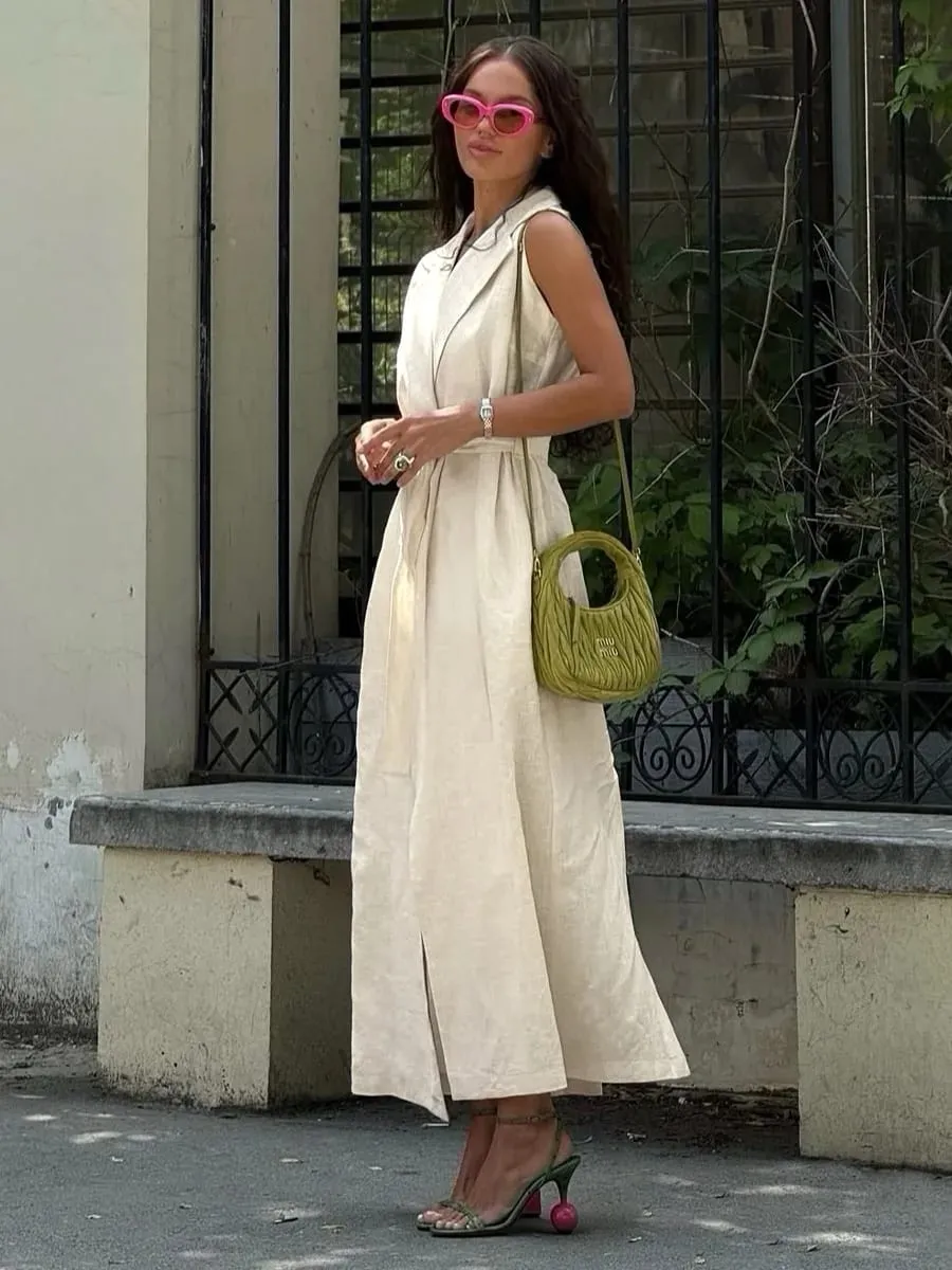 Bornladies 2026 Spring Summer New Women's Sleeveless Shirt Dress Elegant Casual Collared Tie-Waist Fitted Maxi Dress — image 2
