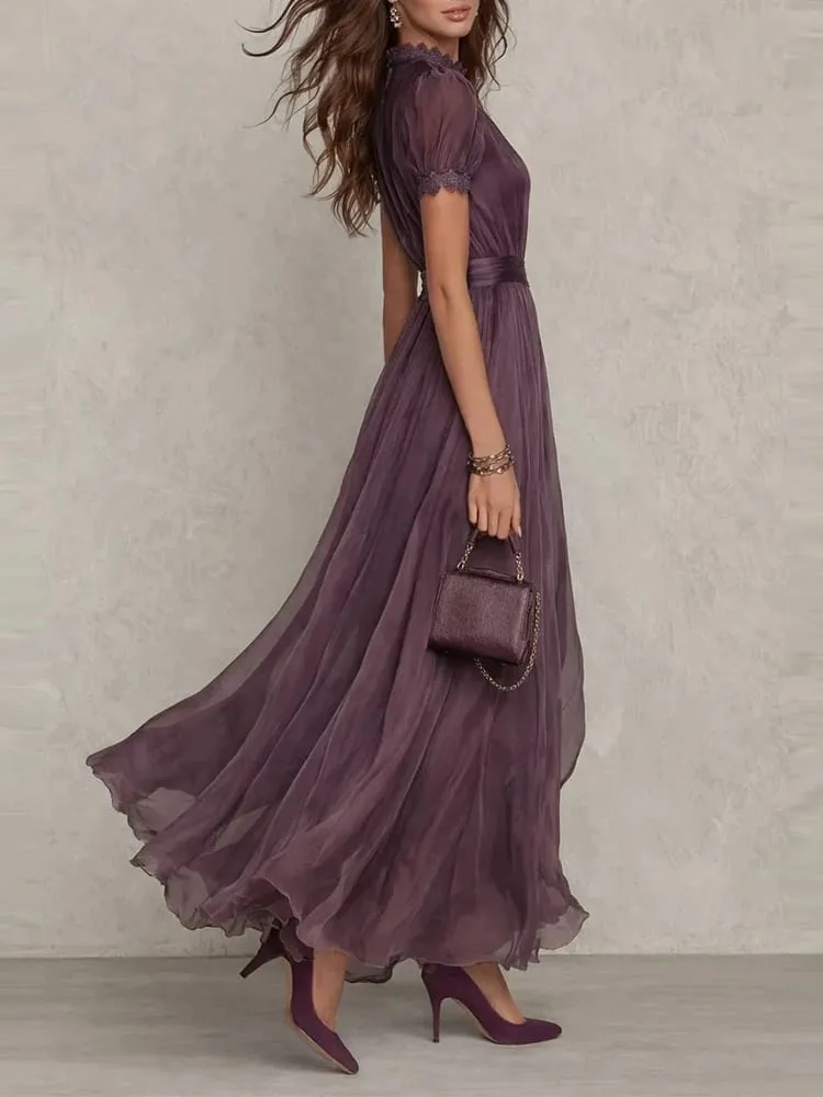 Vintage Solid Lace A-Line Long Dress Women's O Neck High Waist Pleated Party Dress Summer Short Sleeve Flowy Maxi Dresses