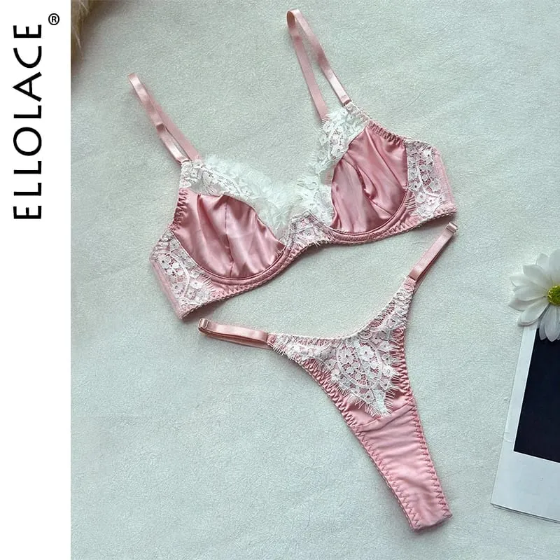 Ellolace conjuntos de lingerie feminina romântica coquette cetim renda sutiã tanga 2pc magro sensual quente traje doce juventude roupa interior da menina — image 3