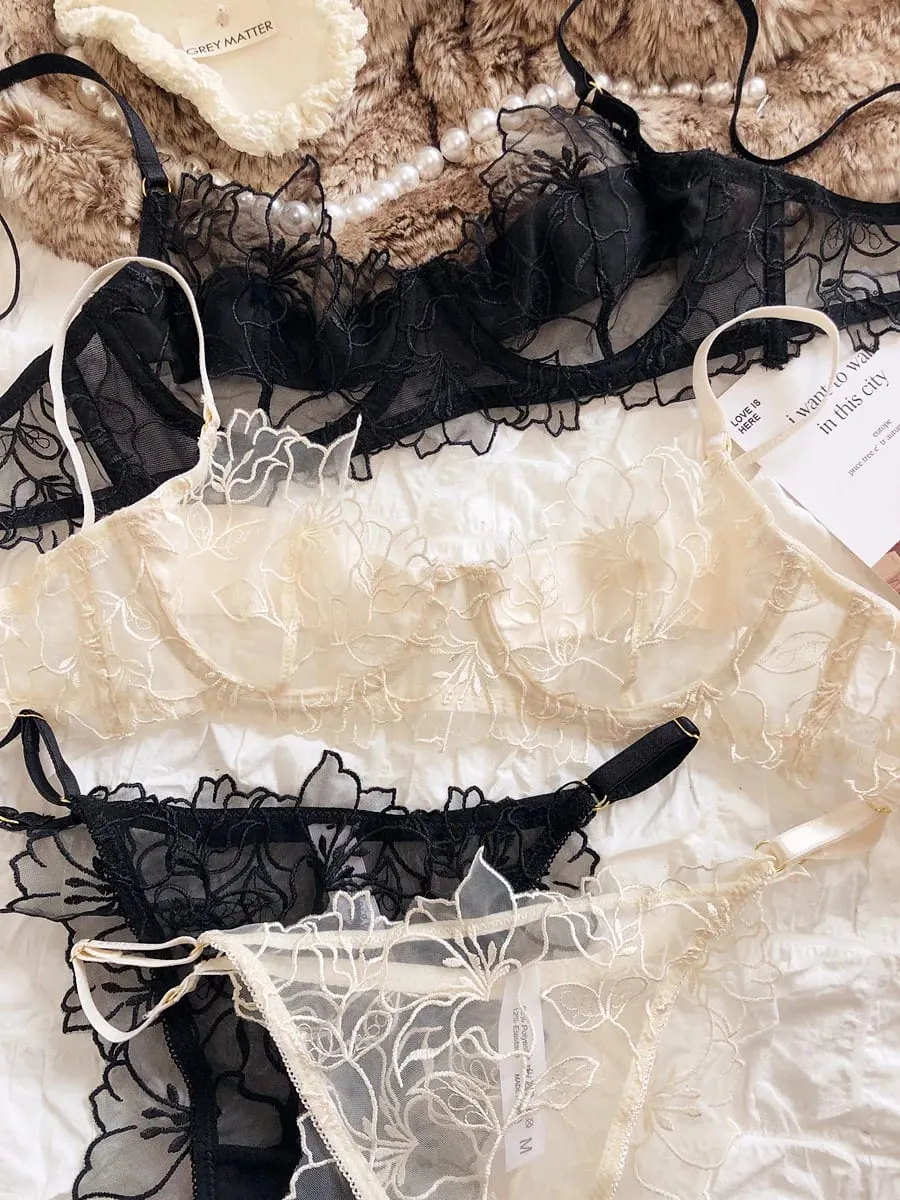 Französisch Unterwäsche Set Sexy Spitze Blumen Stickerei Bh Set Frauen Dessous Sommer Ultra Dünne Atmungsaktive Bralette Dessous Höschen