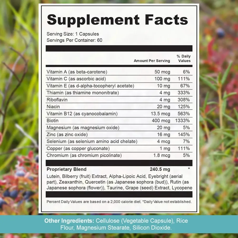 Vision Support Supplement – with Lutein Zeaxanthin Quercetin Vitamin A Zinc & Bilberry – Supports Visual Clarity Focus 60 Capsules — image 6