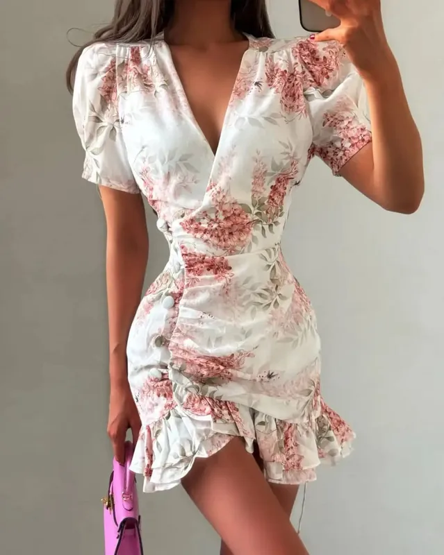 Elegant Floral Printed Mini Dress Women V-neck Short Sleeves Waist Cinching Ruffle Hem Dresses 2026 Lady Summer Vacation Robe — image 10