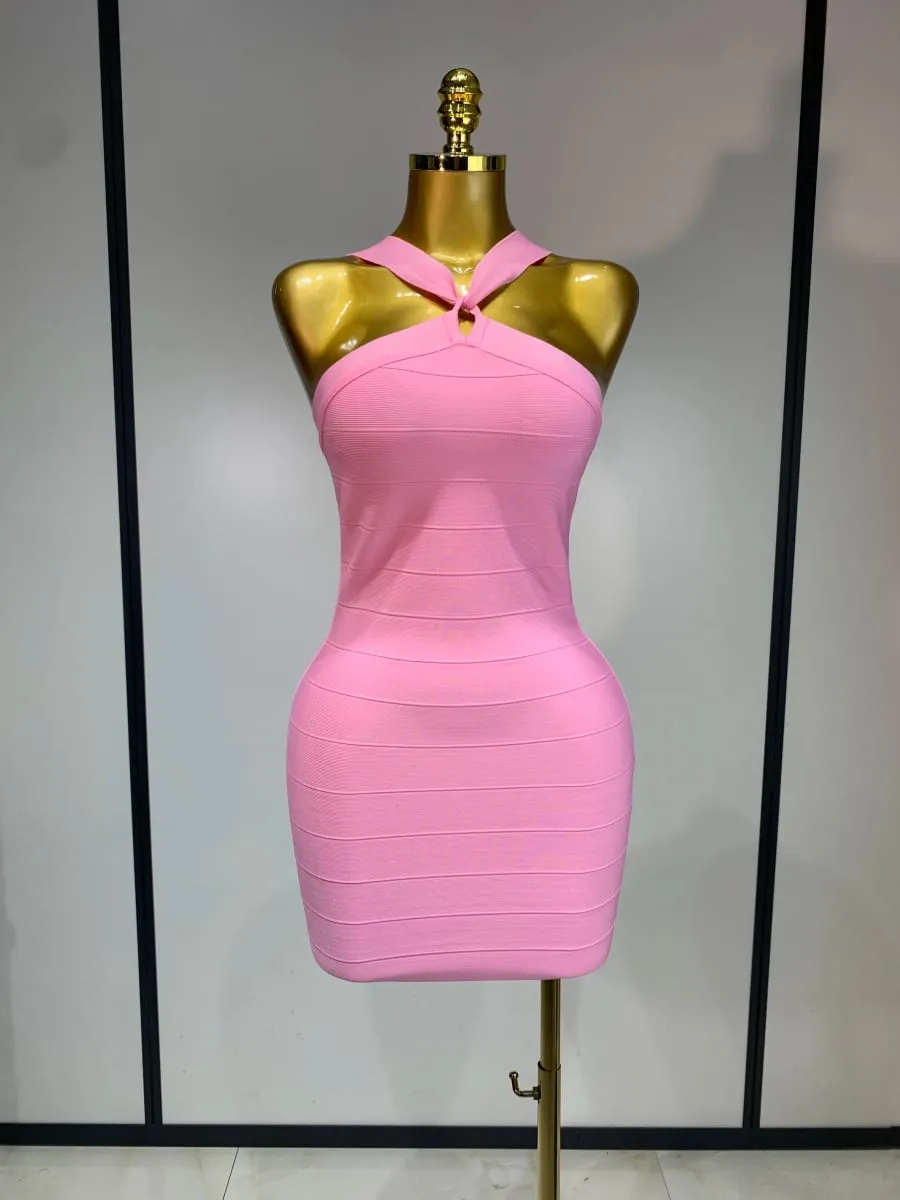 Women Sexy Backless Pink Bodycon Mini Bandage Dresses Elegant Evening Party Luxury Birthday Nightclub Cocktail Prom Gown