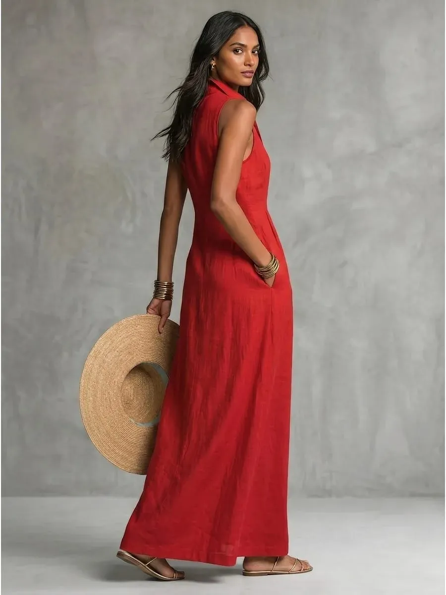 Freeacy Women Sleeveless Shirt Collar Maxi Dress 2026 Summer Solid Red Button Front Slim Fit Cotton Blended Vacation Dresses — image 6