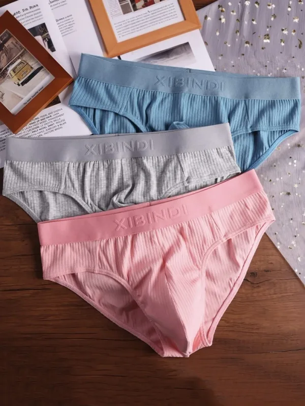 3-Piece Men's Cotton Ribbed Briefs Set - "XIBINDI" Embossed Waistband Underwear (Blue/Gray/Pink)