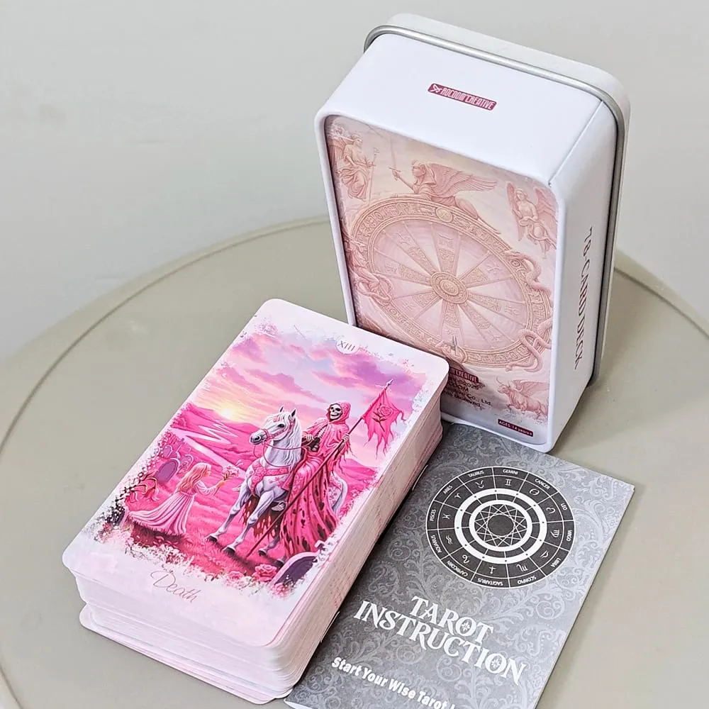 Baralho de tarô romântico rosa fantasia em caixa de lata 11*6.2cm baralho completo de 78 cartas com livro de instruções oráculo de adivinhação espiritual — image 2