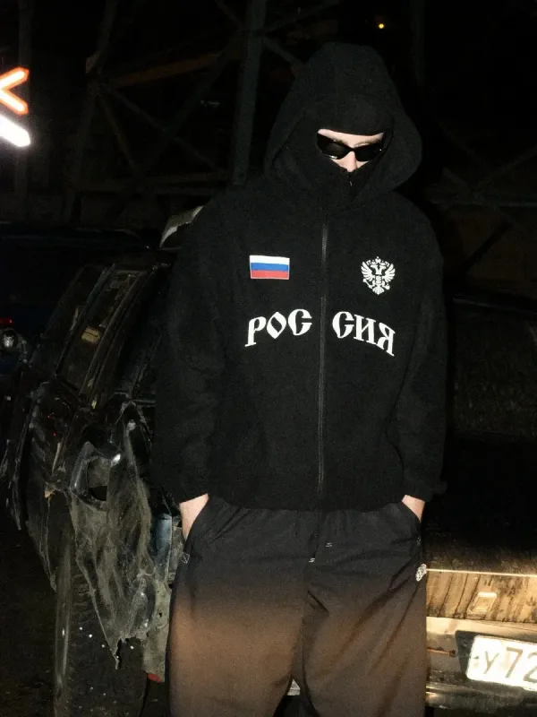 Hip Hop Ansiktsskydd Huvtröja Unisex Lös Svart Zip Up Sweatshirt Örn Flagga Tryckt Design — image 2