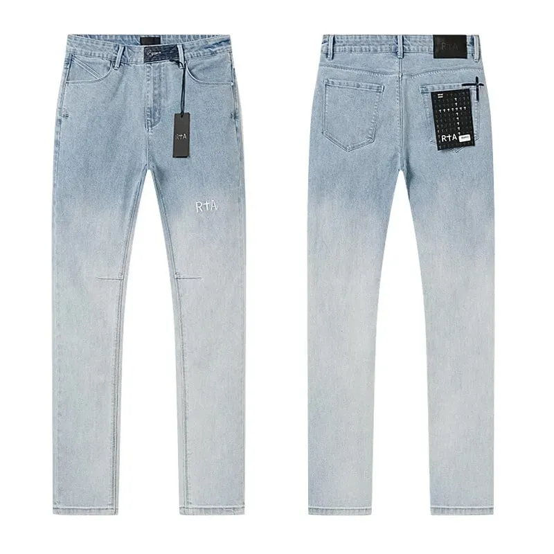 New RTA Destroyed Scratch Hole Light Blue Distressed Jeans Men's High Street Elastic Slim Fit Jeans 2026 Brand Pants Streetwear — image 4