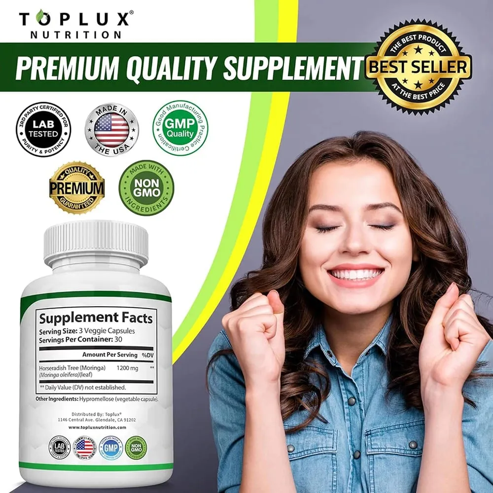 Moringa Capsules 1200mg - Pure Moringa Powder Oleifera Leaf Superfood Rich in Antioxidant Skin Health & Immune Support Vegan — image 6