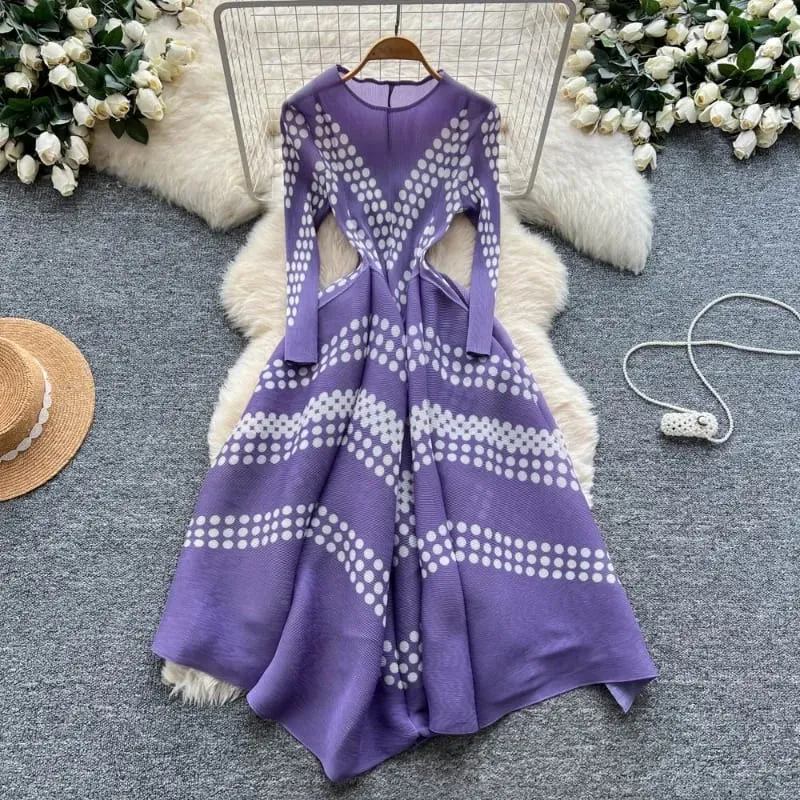 Miyake Pleated Dresses Europe New Simple Fashion Printed Elegant Large Hem Women's Lightweight Stretchy Bounce Flower Bud Dress