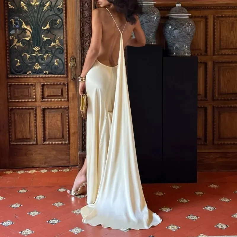 Elegant Satin Ribbon Backless Women's Long Dress Pleated V-neck Slit Beach Party Dresses 2026 Summer Lady Solid Evening Robes — image 7
