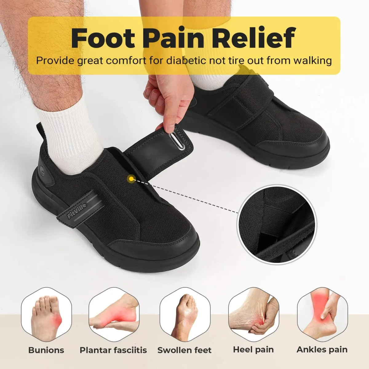 FitVille Diabetic Shoes for Men Extra Wide Hook and Loop Walking Shoes for Elderly for Swollen Feet Foot Pain Relief Neuropathy — image 4