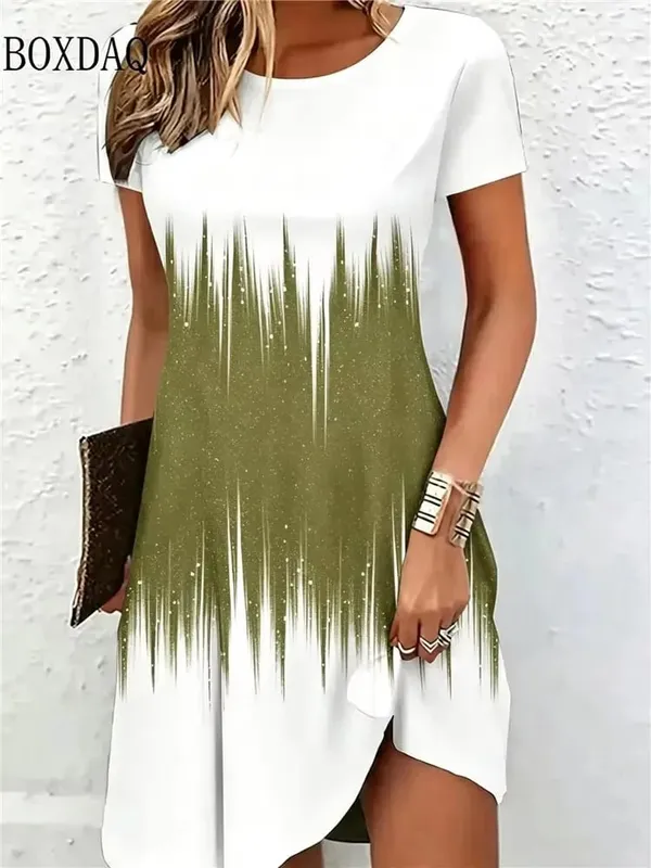 New Women's Summer Dresses Loose Short Sleeve Round Neck Gradient Pattern Printed Casual Party Dress — image 5