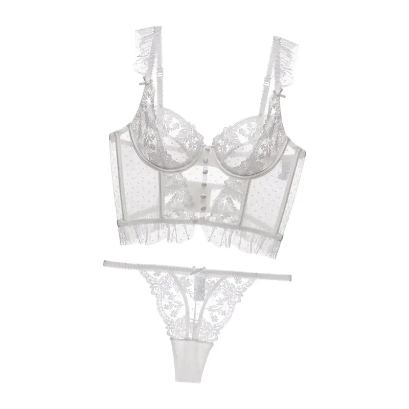 Women Lingerie Set Soft High Waist Bra Floral Embroidery Underwear Lace Bra and Panty Set for Bridal Gift French Lingerie