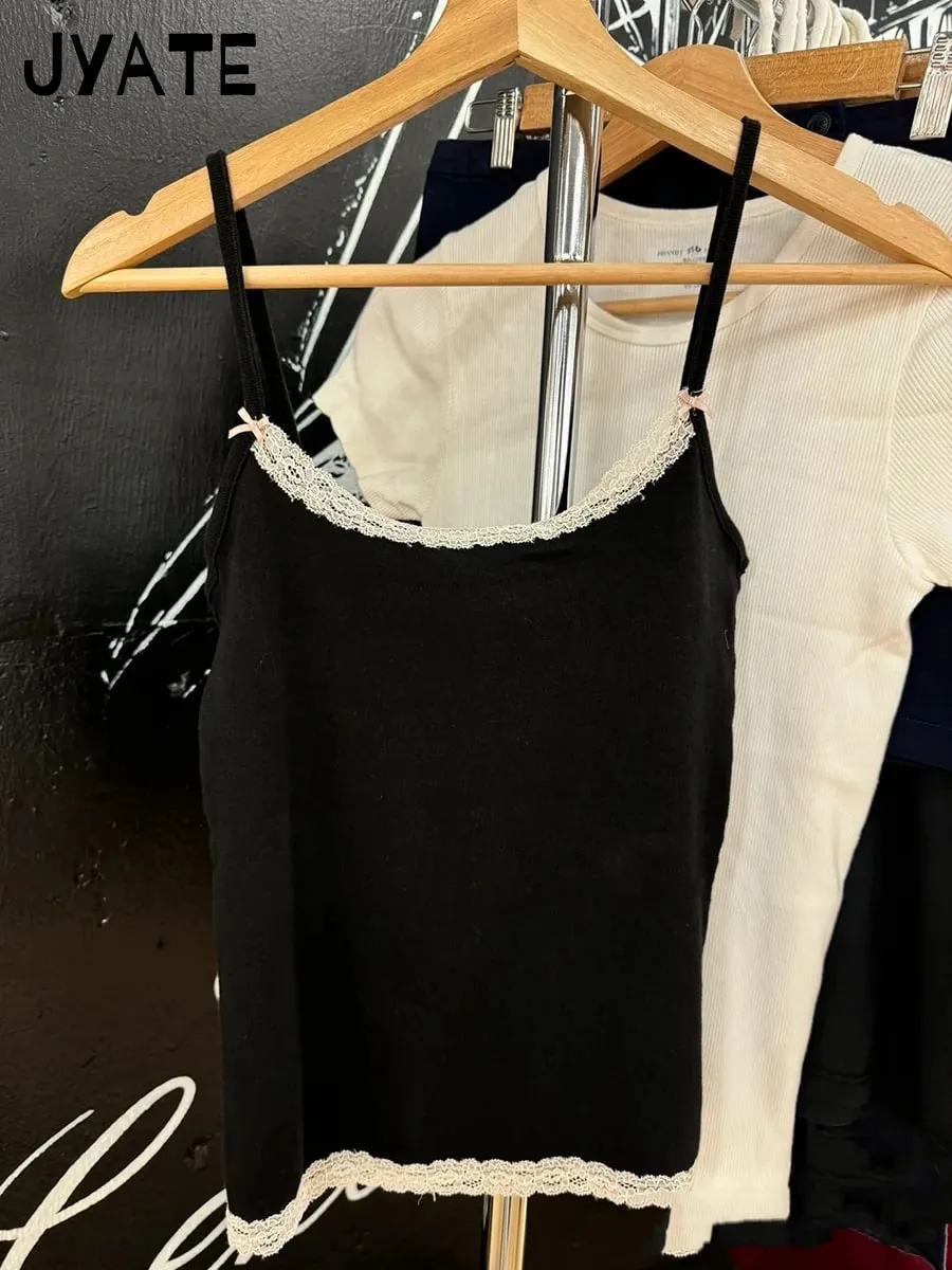 Sweet Lace Patchwork Slim Tank Tops Dam Sommar Vit Sexig Enkel Bomull Mjuka ärmlösa västar Kvinna Vintage Chic Y2K Camisole — image 16