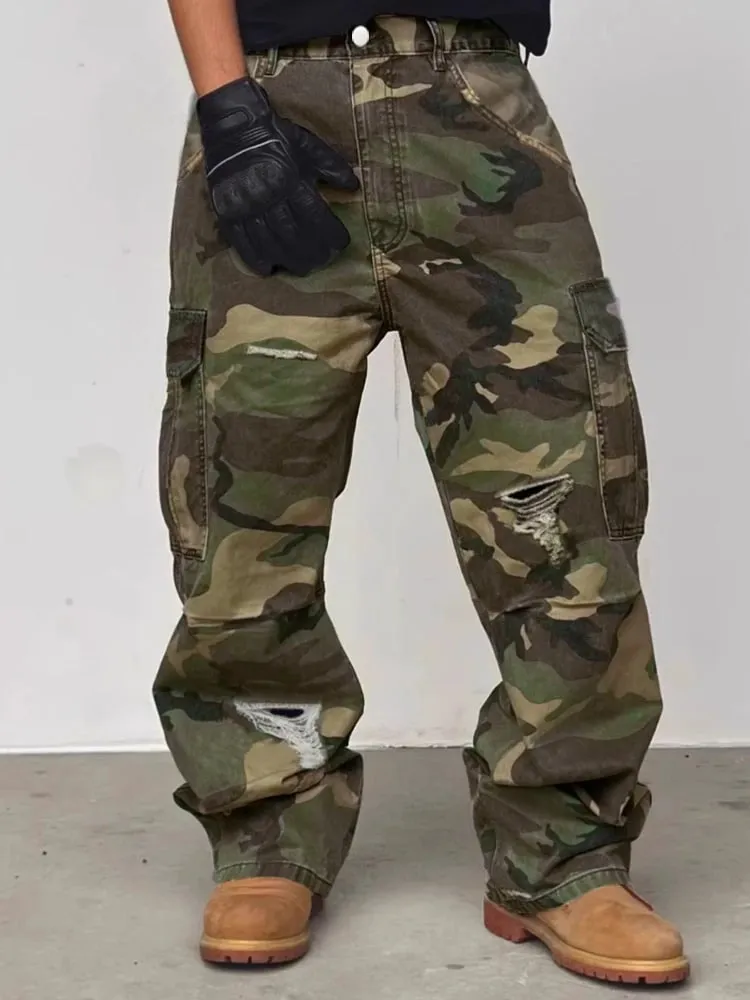 Men's Spring Fashion Casual Jeans Streetwear Camouflage Cargo Pants Distressed Ripped Wide Leg Trendy Daily Wear Loose Trousers