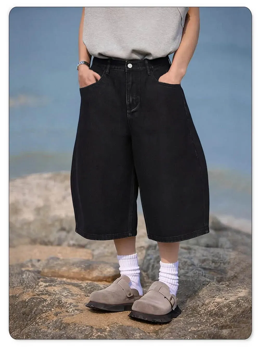 Summer American Style Retro Black Ultra Baggy Machete Wide Leg Denim Shorts Fashion Men's Women's Daily Jeans Capris Jeans — image 9