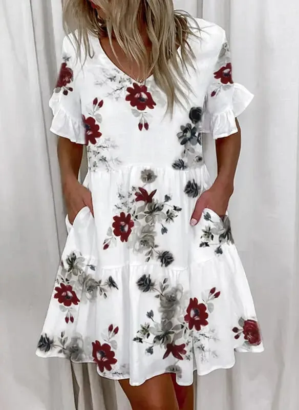 Vestido de verão feminino casual com decote em v manga curta manga borboleta floral folha carta impressão mini vestidos ysx9032