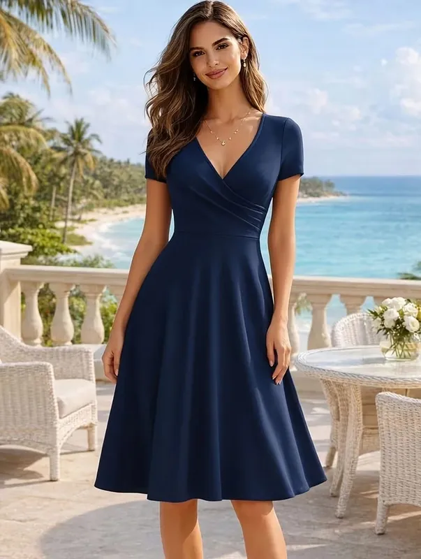 Pambabaeng Elegant Round Neck Summer Short Sleeve Solid A-Line Hanggang Tuhod na Dress High Waist Swagger Party na Kaswal na Pag-alis ng Kasal — image 10