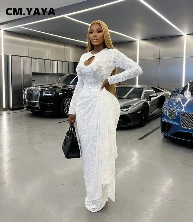 CM.YAYA Women O-neck Ribbon Ruched Long Sleeve Bodycon Maxi Long Dress 2026 Summer Sexy Birthday Party Vacation Trendy Dresses — image 3