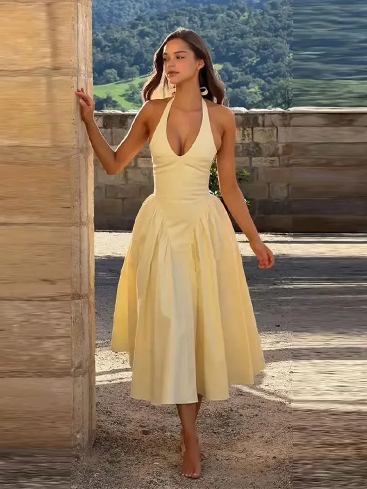 Women’s Dress Sexy Halter V Neck Sleeveless A Line Midi Evening Party Dress Female 2026 Summer Fashion Woman Vacation Vestidos — image 2