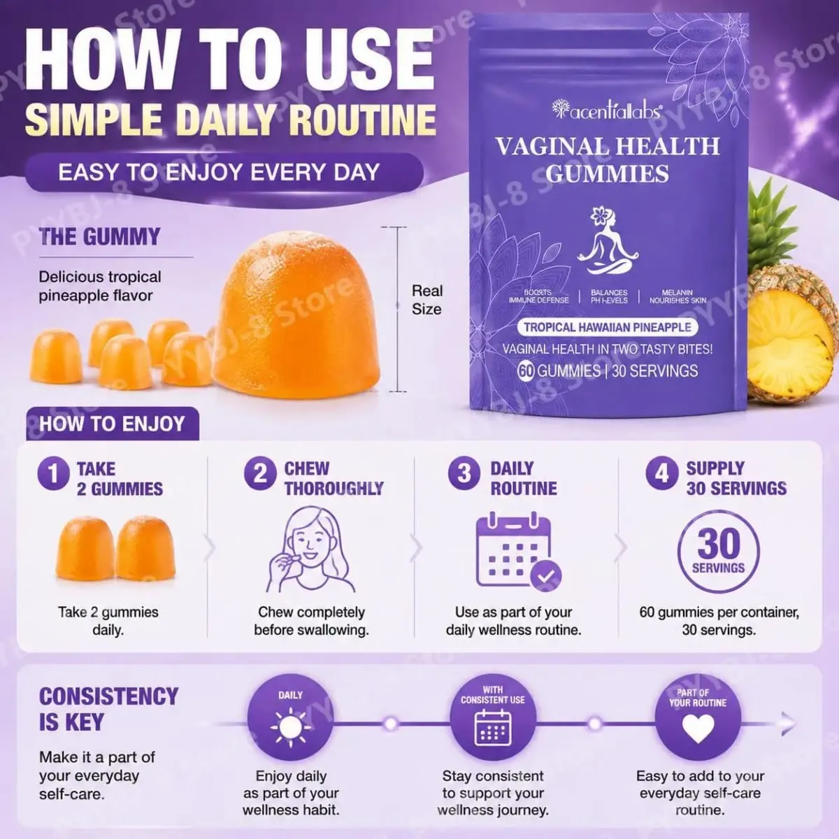 Acentiallabs Vaginal Health Gummies with Bacillus Coagulans and Vitamin C Supports Immune Defense and PH Balance 60 Gummies — image 7