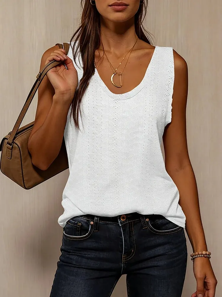 Women's Tank Top Spring Summer White V Neck Sleeveless Perforated Texture Relaxed Fresh Elegant Daily Casual Top — image 2