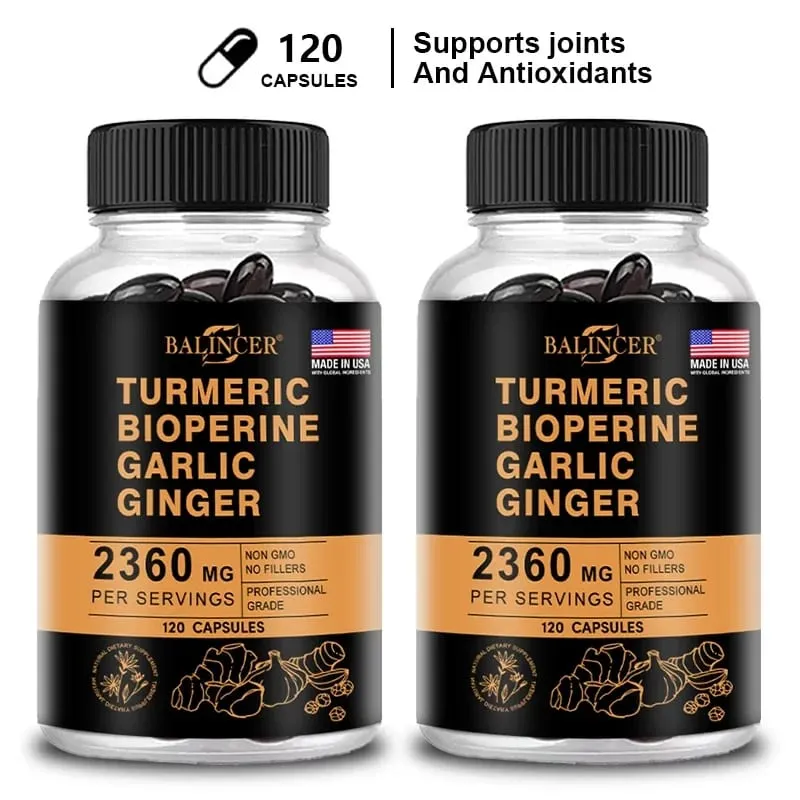 Suplemento de cúrcuma e gengibre com piperina 2360 mg com alho Conforto Suplemento nutricional digestivo e imunológico sem cálcio e glúten