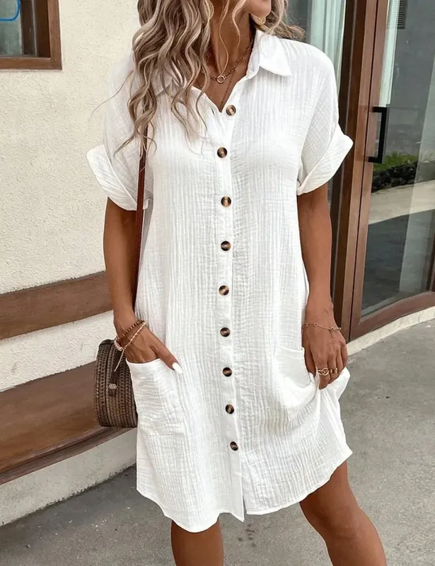 Fashion Loose Dress para sa Babae Single Breasted Raglan Sleeve Dresses na May Pocket Women Summer Tunic Short Shirt Dress Office Lady — image 10