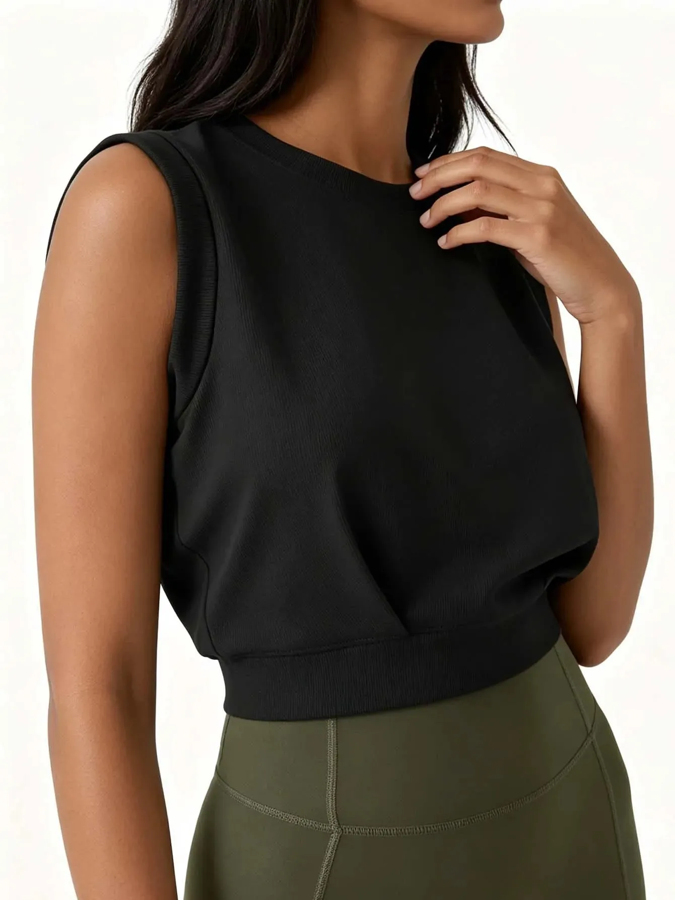 Geripptes, ärmelloses, tailliertes Crop-Top für Damen mit Rundhalsausschnitt, einfarbig, locker sitzendes Sport-Top, lässiges Fitness-Lauf-Yoga-Top — image 3