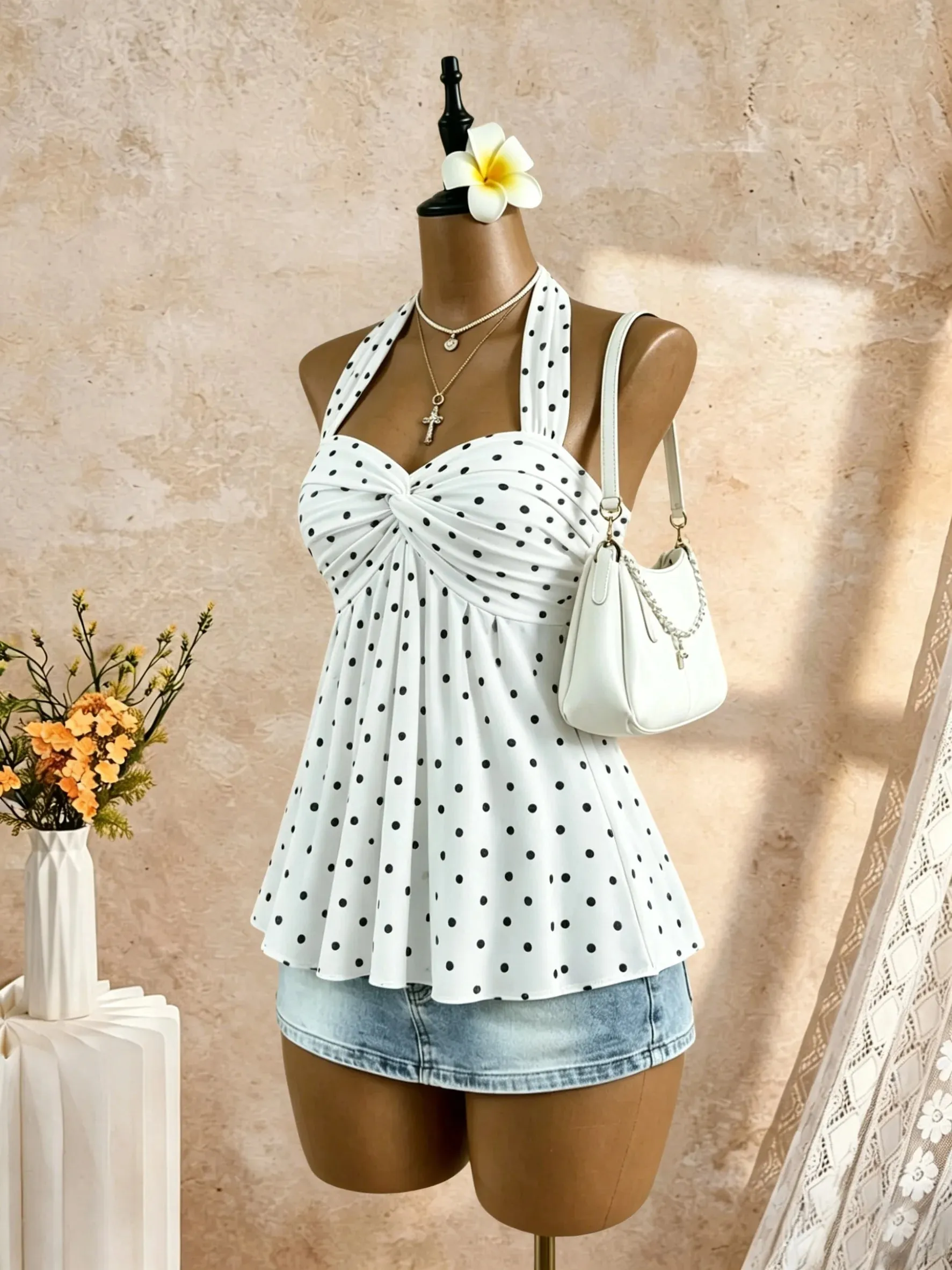 Women Halter Twist Front Sweetheart Neck Flared Peplum Camisole 2026 Summer Y2K Solid White Sleeveless Flowy Beach Vacation Tank — image 7