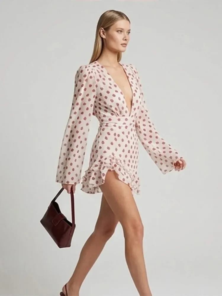 Sweet Rose Print Ruffle Mini Dress Deep V Neck Long Puff Sleeve Ruched Waist Dresses Spring Sweet Café Meetup Vestido 2026 — image 6