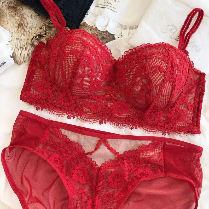 Women Seamless Underwear Set Sexy Lace Flowers Embroidery Bra Palapot 1/2 Cup Push Up Bras Detachable Strap Lingerie Panties Set — image 8