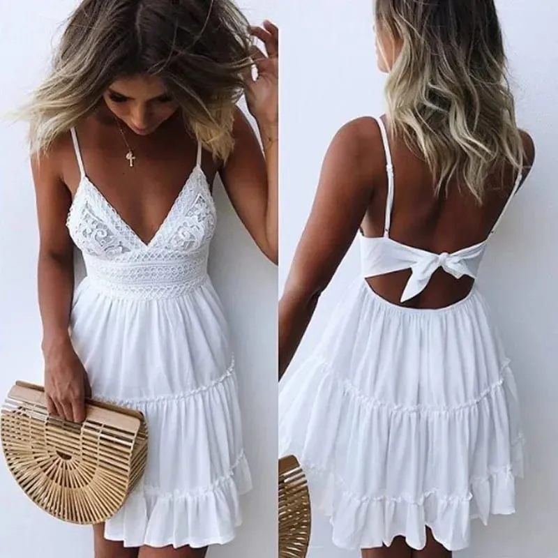 Sexy Lace Dresses Women Spaghetti Strap White Dress Summer Beach Mini Party Dress A-line V-neck Bohe Open Back Pleated Dress — image 2