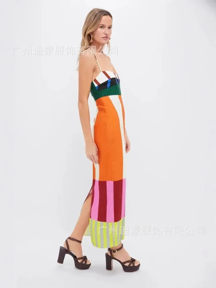 Elegant højtaljet 2025 fest lang kjole mode afslappet ny stribet farverig kvinder sexet spaghetti strop Bohemian Mixi kjoler — image 5