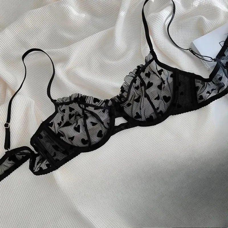 Women Heart Pattern Lace Underwire Bra Set Light Mesh Support Daily Intimates Lingerie Underwear Size 32‑38AB Women — image 11