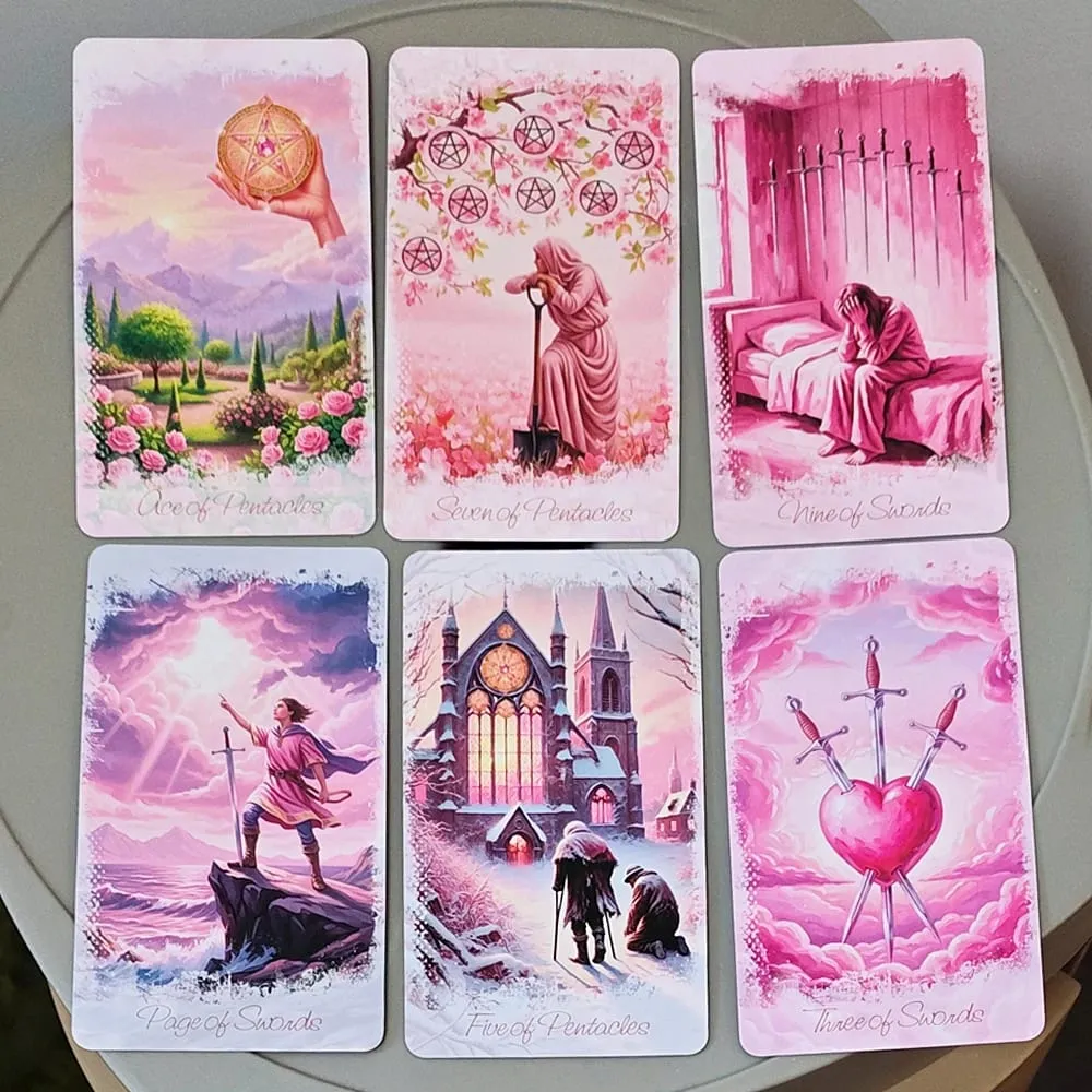 Baralho de tarô romântico rosa fantasia em caixa de lata 11*6.2cm baralho completo de 78 cartas com livro de instruções oráculo de adivinhação espiritual — image 6