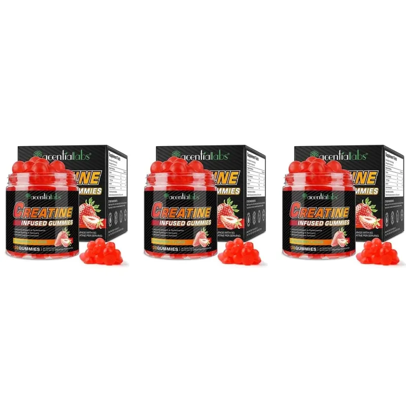 Acentilabs Creatine Monohydrate Gummies for Strength and Performance Muscle Building and Recovery Strawberry 120 Gummies