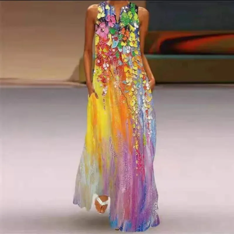 Women Dresses 2026 New summer wear sleeveless long dress V-neck printed emerald flower dress women's clothing vestidoes — image 18