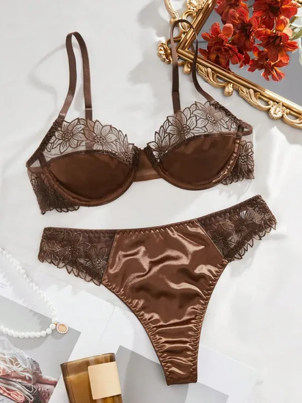 Hot-Selling 2-Piece Floral Embroidery Sexy Bra Set - Sunflower Embroidered Underwired Semi-Sheer Lingerie Set Ideal for Dates — image 2