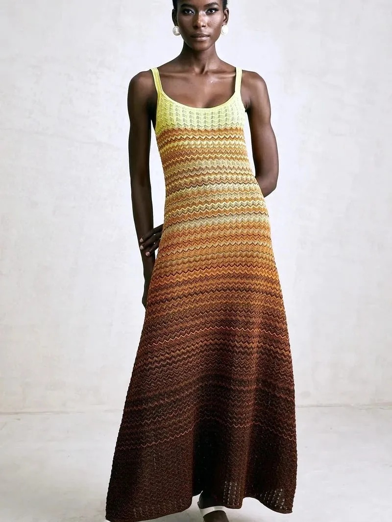 Marca de luxo design feminino elegante boho africano lantejoulas douradas maxi sem mangas festa à noite vestido férias malha senhora roupas — image 2