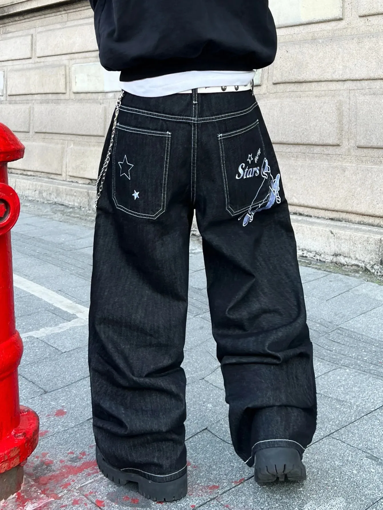Men's Jeans Vintage Black Baggy Wide Pants Trendy Y2K Streetwear Men's Denim Pants Men's Casual Trousers With Letter And Star